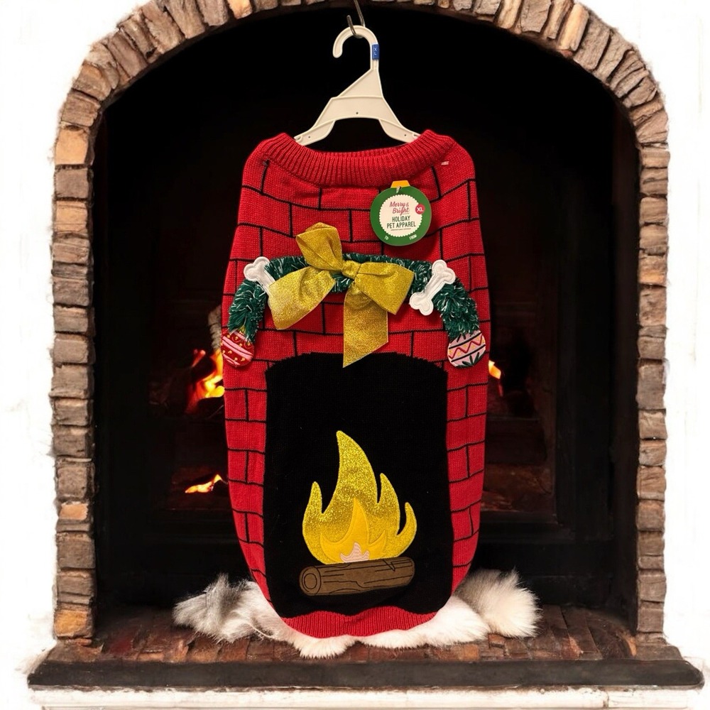 Merry Bright Holiday FIREPLACE Sweater Pet Christmas Halloween Dog Costume L